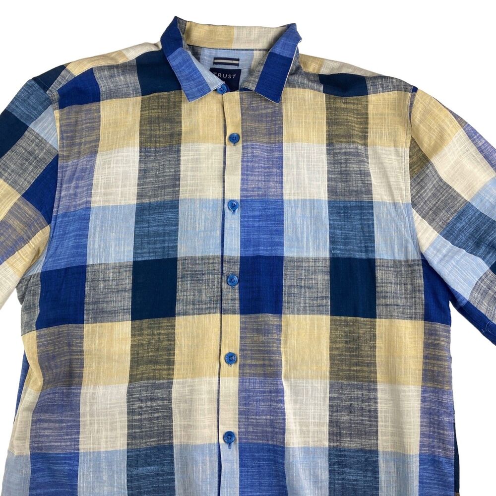 Trust Mens XXL Linen Rayon Shirt Blue Yellow Plaid Button Down Short Sleeve
